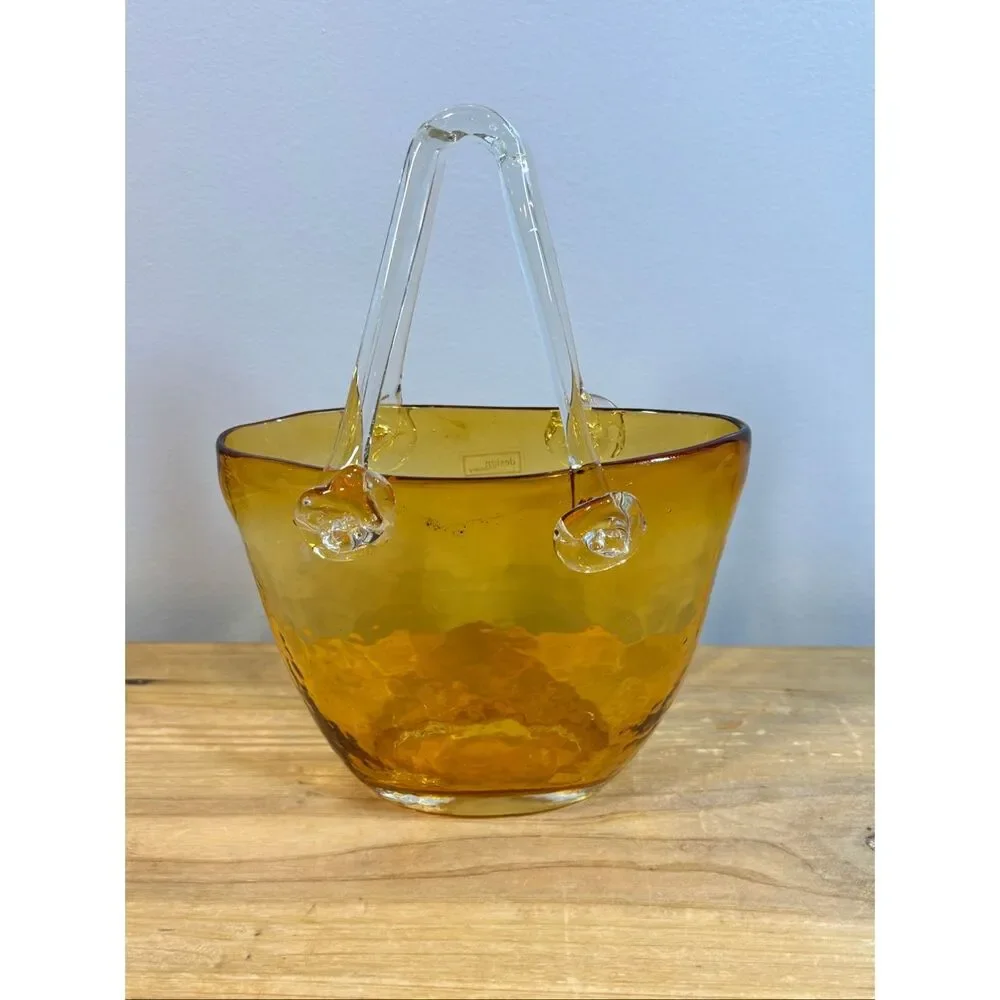 Vintage hand-blown amber art glass purse vase design Society